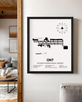 Framed Detailed Airport Map of Ontario International Airport (ONT) in White with a Black Frame