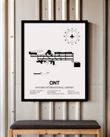 Framed Detailed Airport Map of Ontario International Airport (ONT) in White with a Black Frame