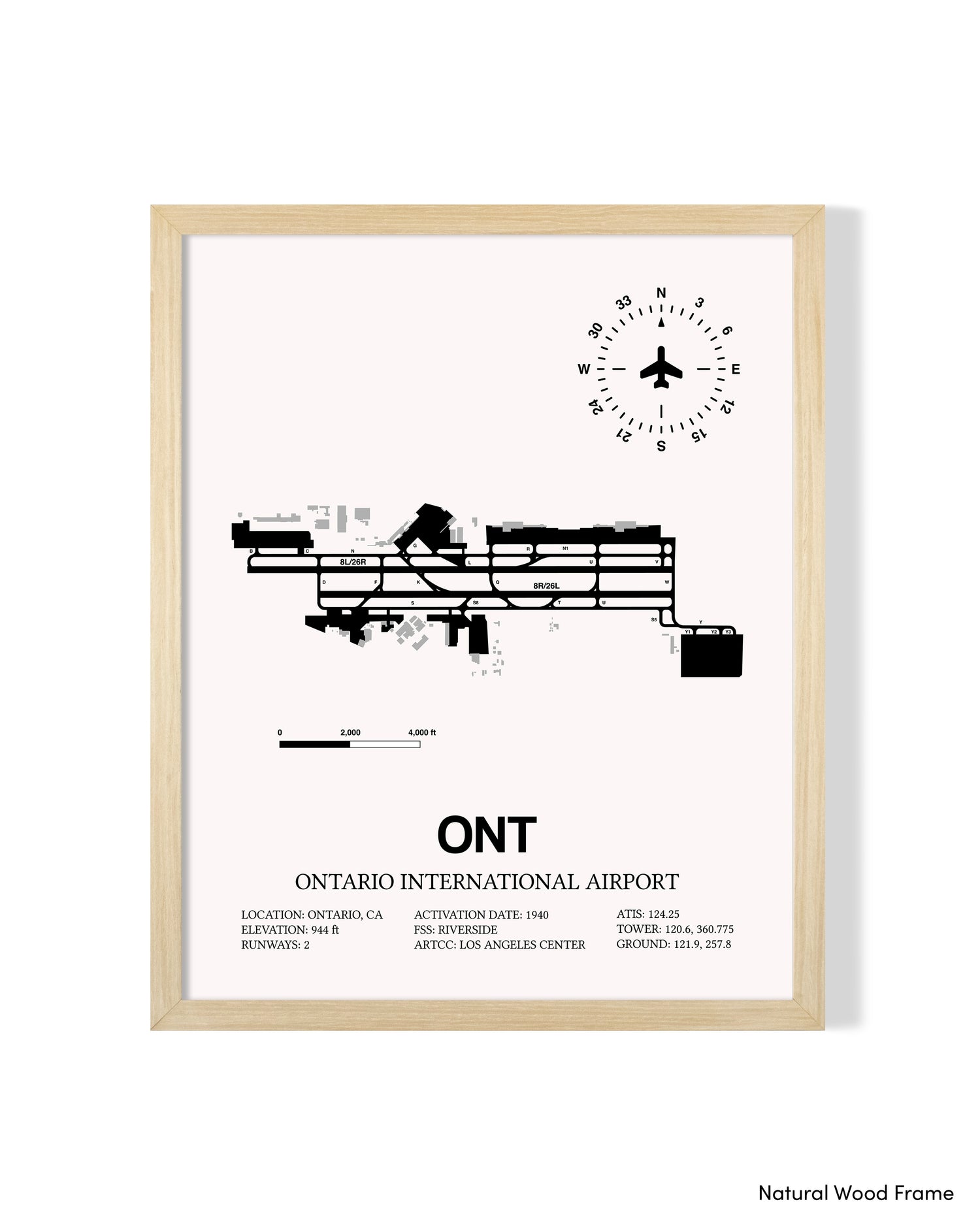 Detailed Airport Map of Ontario International Airport (ONT) in White with a Natural Frame