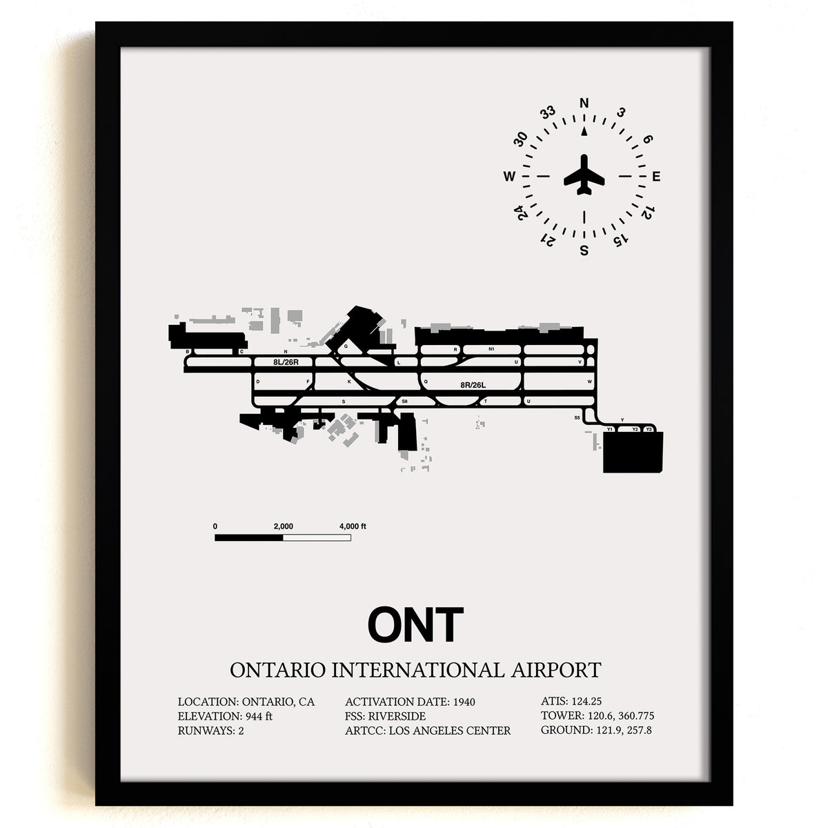 Framed Detailed Airport Map of Ontario International Airport (ONT) in White with a Black Frame