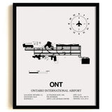 Framed Detailed Airport Map of Ontario International Airport (ONT) in White with a Black Frame