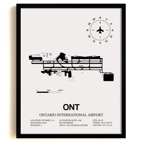 Framed Detailed Airport Map of Ontario International Airport (ONT) in White with a Black Frame
