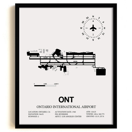 Framed Detailed Airport Map of Ontario International Airport (ONT) in White with a Black Frame