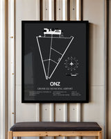 Framed Detailed Airport Map of Grosse Ile Municipal Airport (ONZ) in Gray with a Black Frame