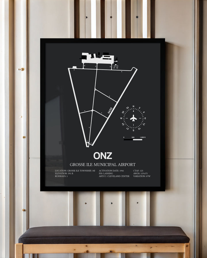 Framed Detailed Airport Map of Grosse Ile Municipal Airport (ONZ) in Gray with a Black Frame