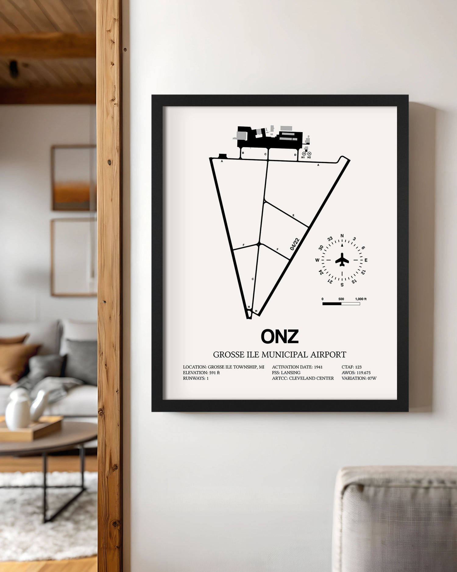 Framed Detailed Airport Map of Grosse Ile Municipal Airport (ONZ) in White with a Black Frame