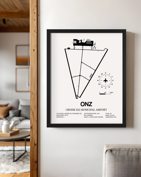 Framed Detailed Airport Map of Grosse Ile Municipal Airport (ONZ) in White with a Black Frame
