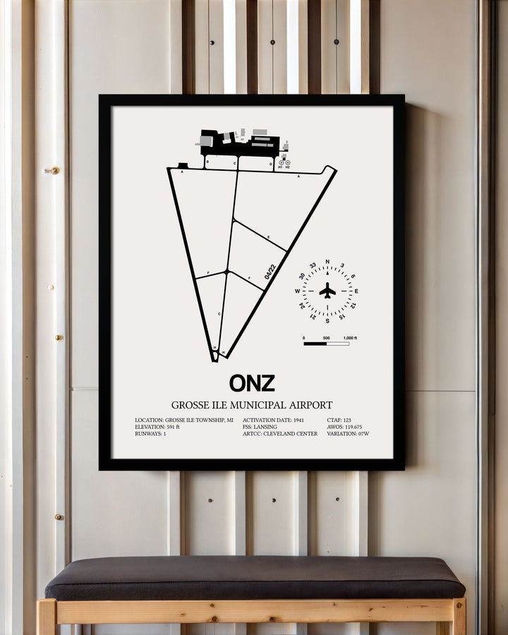 Framed Detailed Airport Map of Grosse Ile Municipal Airport (ONZ) in White with a Black Frame