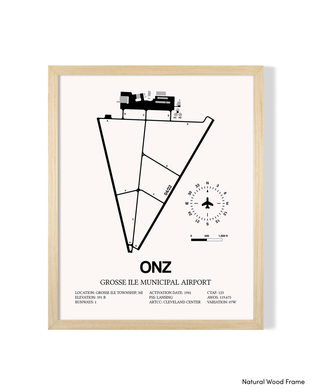 Detailed Airport Map of Grosse Ile Municipal Airport (ONZ) in White with a Natural Frame