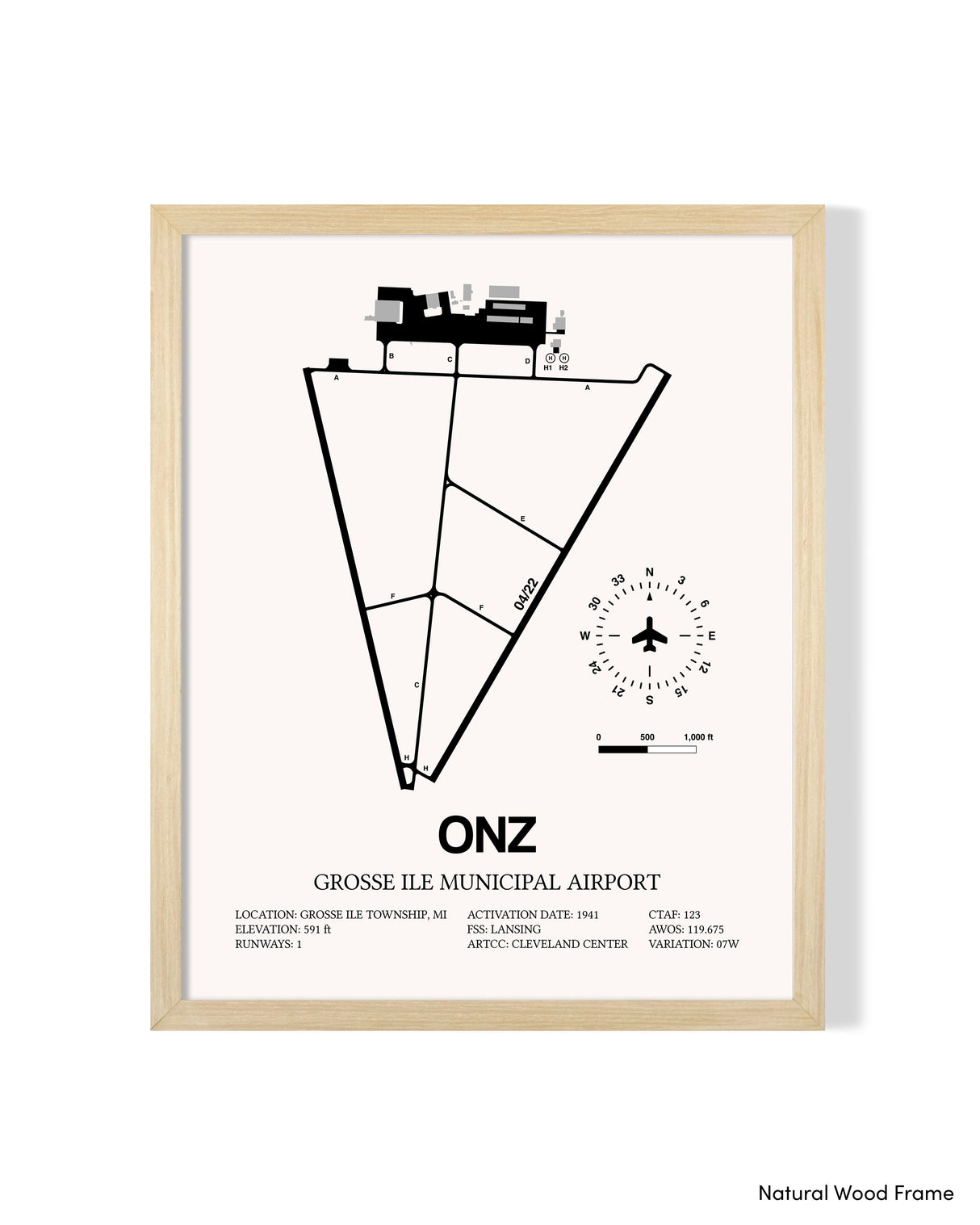 Detailed Airport Map of Grosse Ile Municipal Airport (ONZ) in White with a Natural Frame