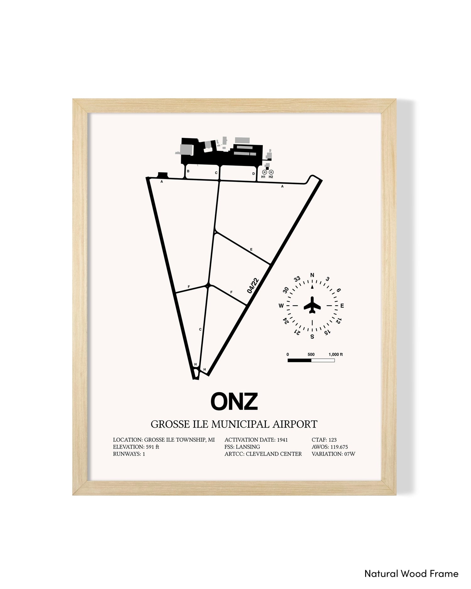 Detailed Airport Map of Grosse Ile Municipal Airport (ONZ) in White with a Natural Frame
