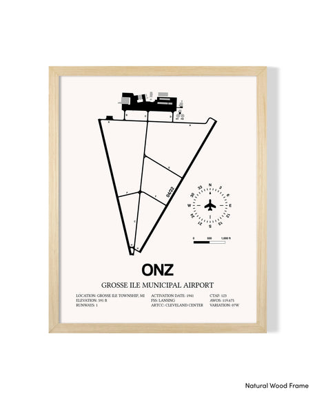 Detailed Airport Map of Grosse Ile Municipal Airport (ONZ) in White with a Natural Frame