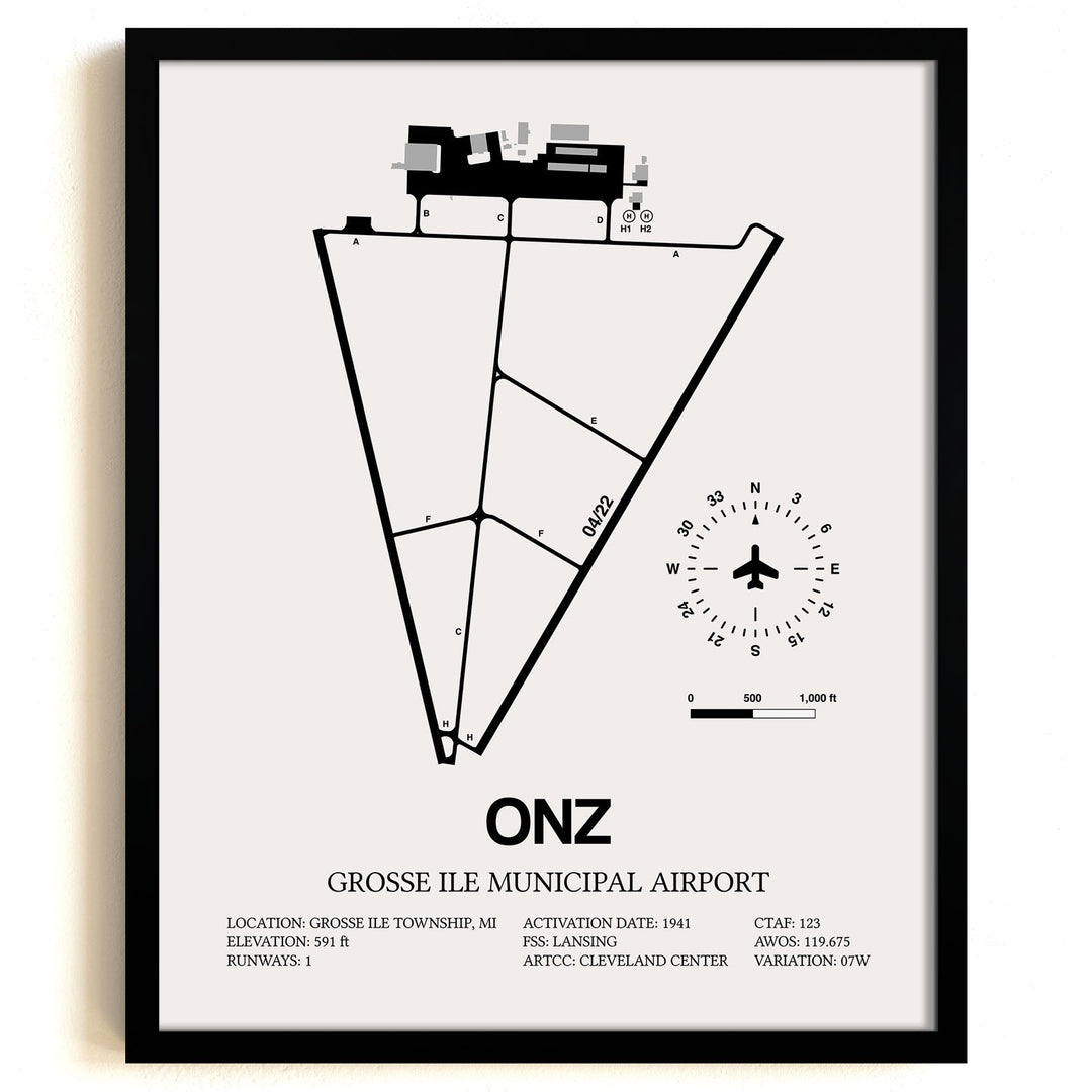 Framed Detailed Airport Map of Grosse Ile Municipal Airport (ONZ) in White with a Black Frame