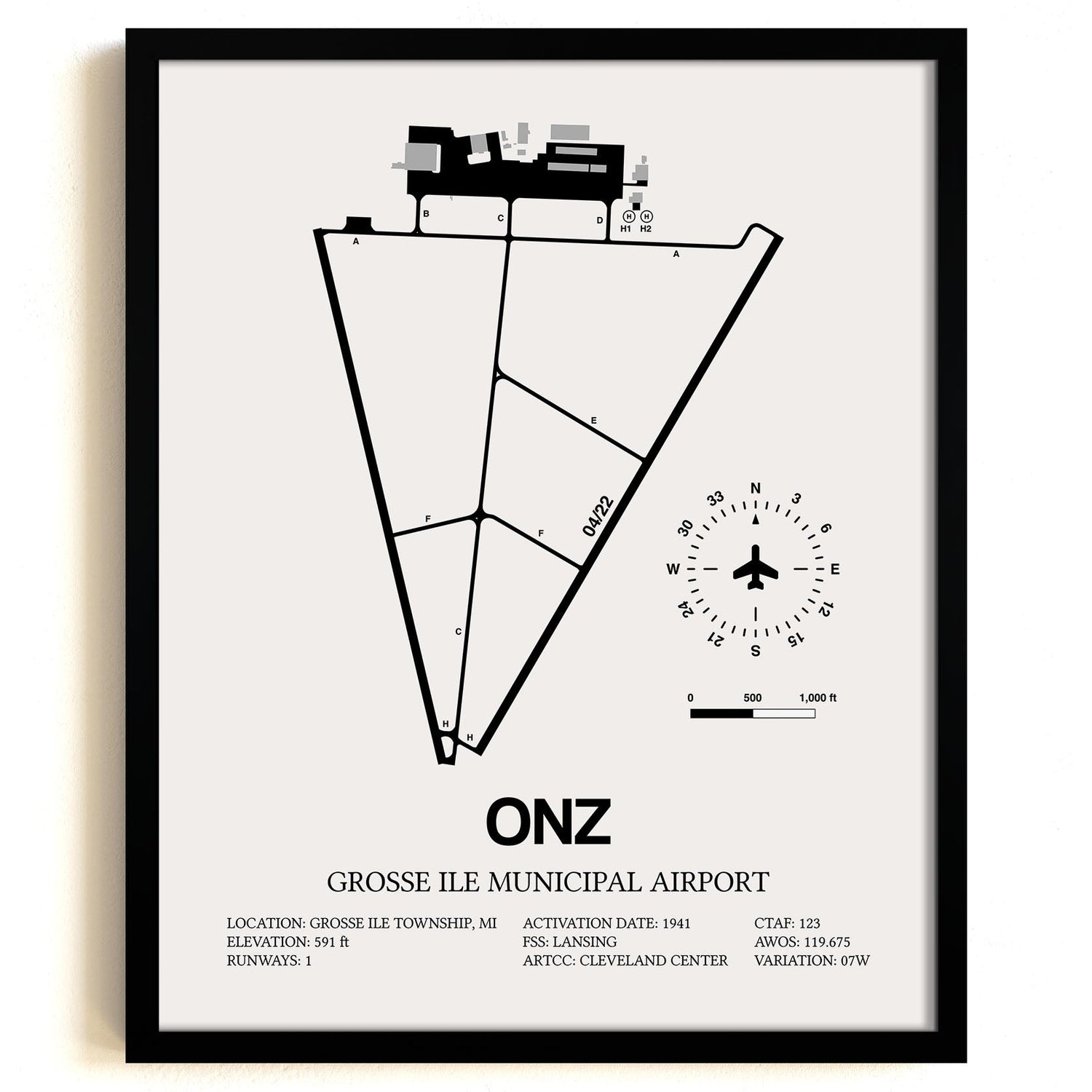 Framed Detailed Airport Map of Grosse Ile Municipal Airport (ONZ) in White with a Black Frame