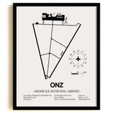 Framed Detailed Airport Map of Grosse Ile Municipal Airport (ONZ) in White with a Black Frame