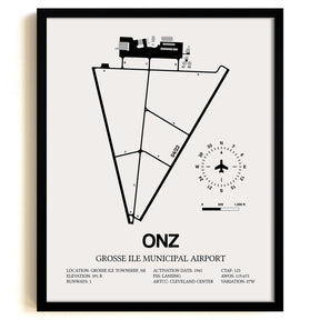 Framed Detailed Airport Map of Grosse Ile Municipal Airport (ONZ) in White with a Black Frame