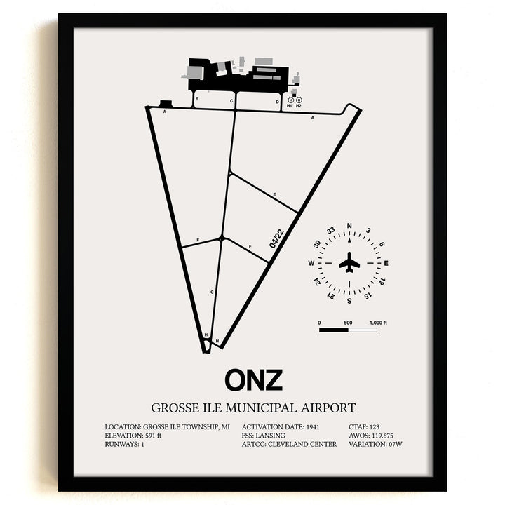 Framed Detailed Airport Map of Grosse Ile Municipal Airport (ONZ) in White with a Black Frame