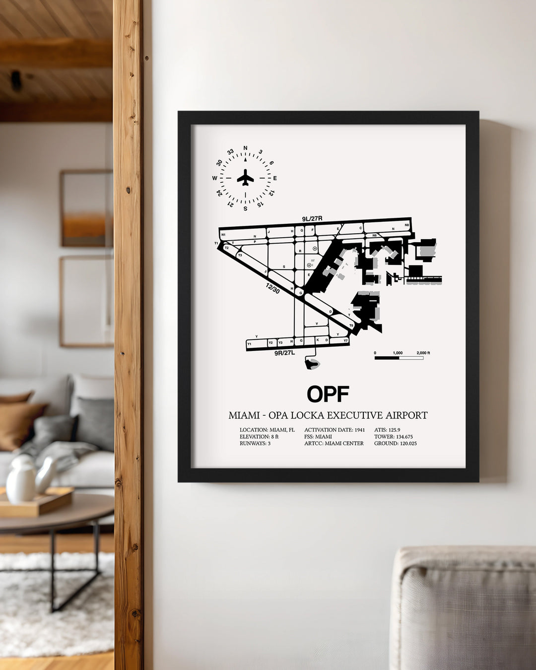 Framed Detailed Airport Map of Miami-Opa Locka Executive Airport (OPF) in White with a Black Frame
