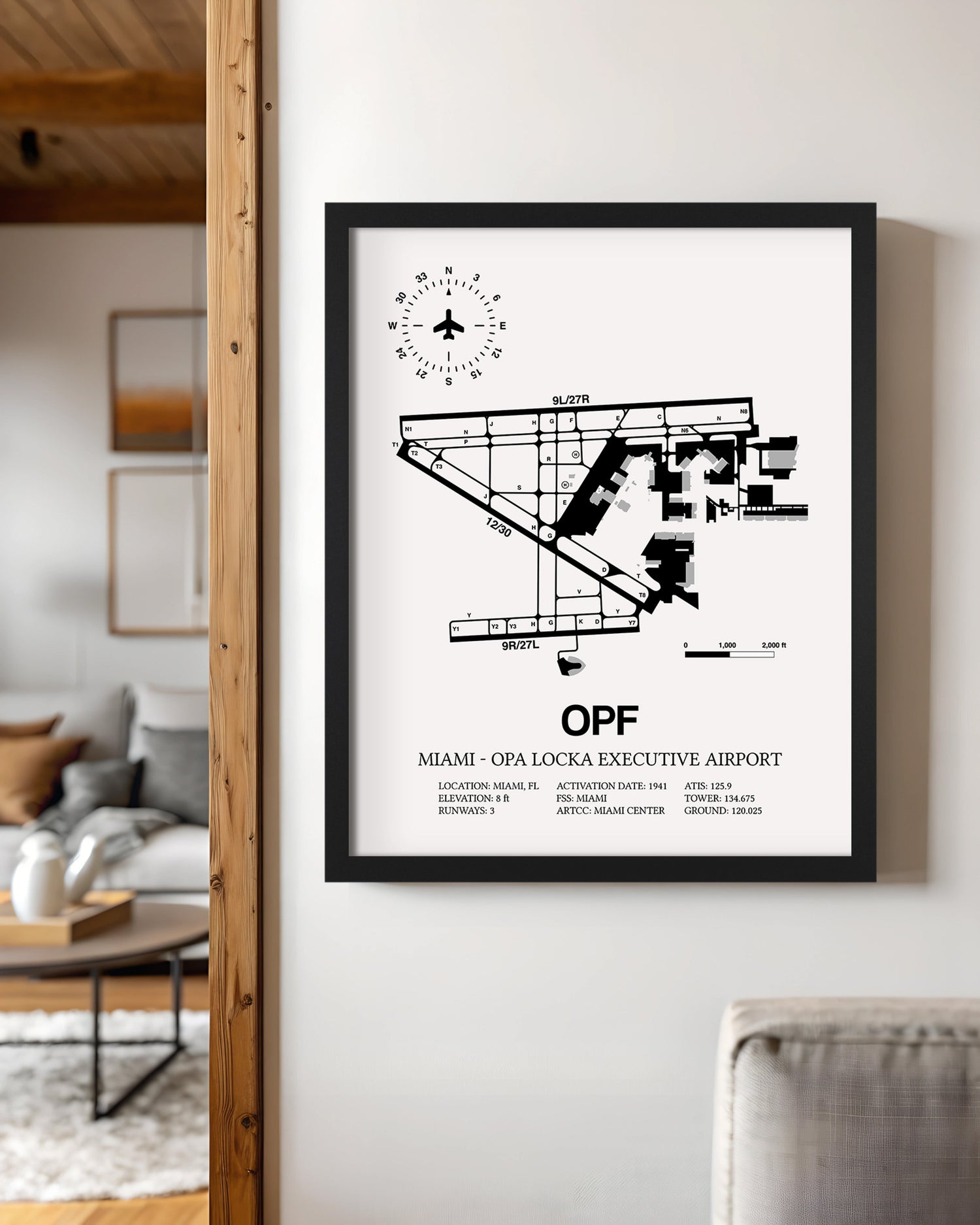 Framed Detailed Airport Map of Miami-Opa Locka Executive Airport (OPF) in White with a Black Frame