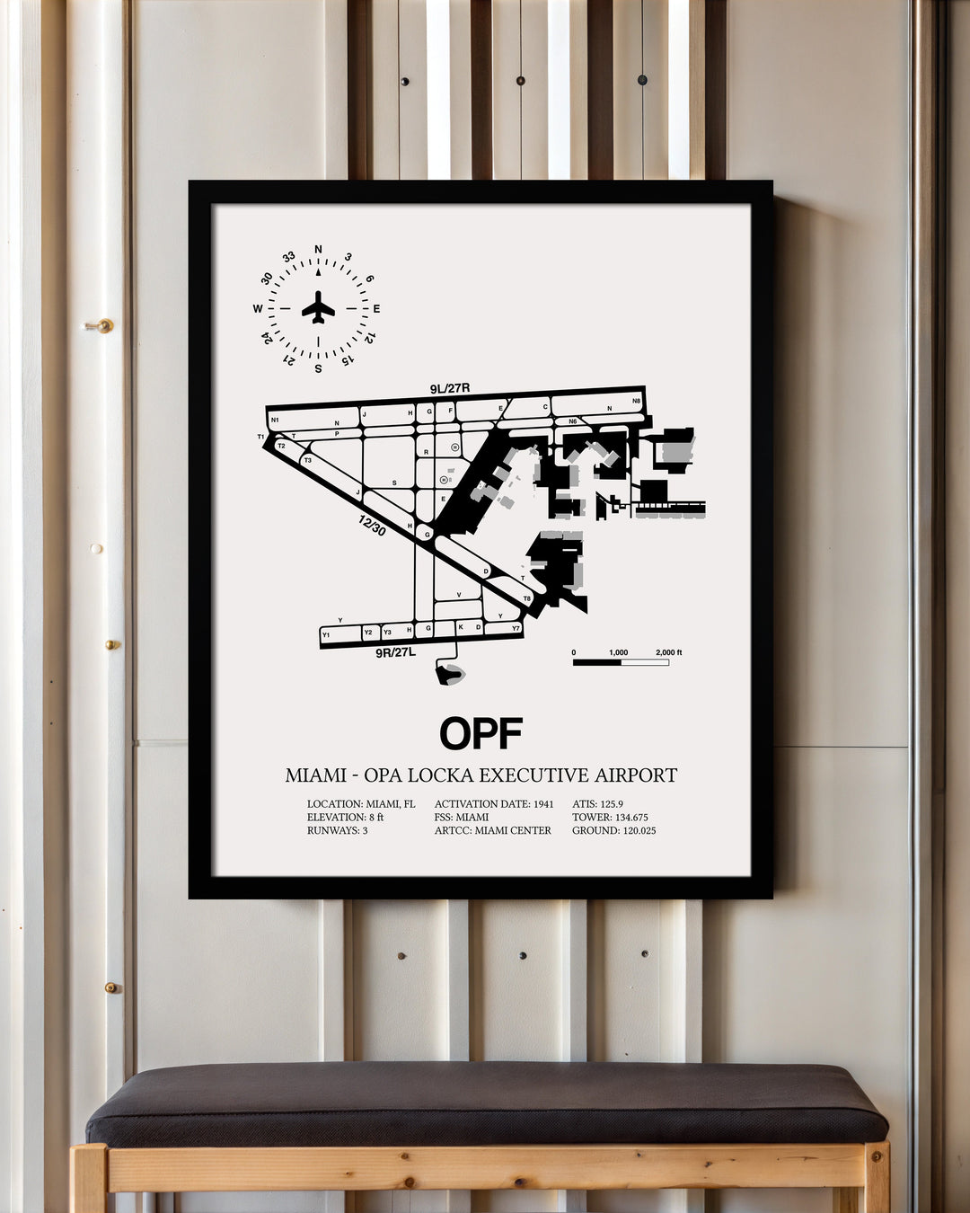 Framed Detailed Airport Map of Miami-Opa Locka Executive Airport (OPF) in White with a Black Frame