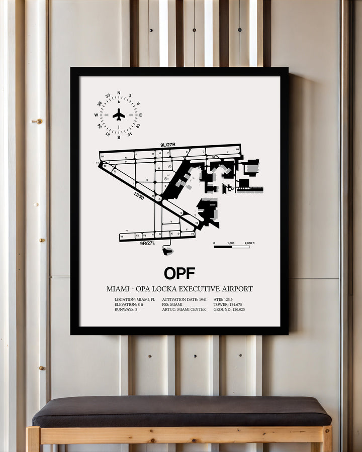 Framed Detailed Airport Map of Miami-Opa Locka Executive Airport (OPF) in White with a Black Frame