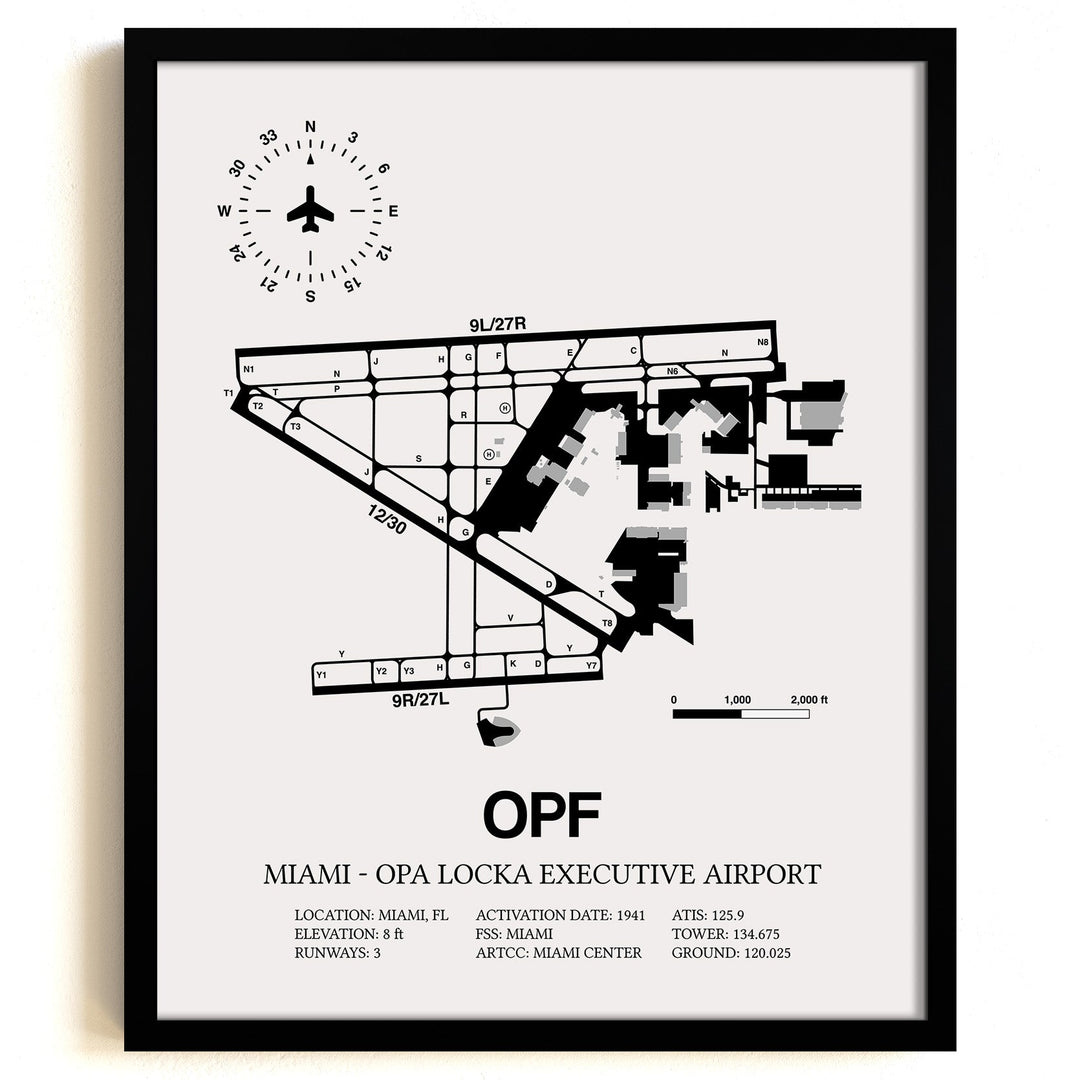 Framed Detailed Airport Map of Miami-Opa Locka Executive Airport (OPF) in White with a Black Frame
