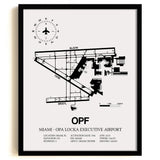 Framed Detailed Airport Map of Miami-Opa Locka Executive Airport (OPF) in White with a Black Frame