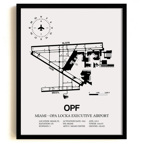 Framed Detailed Airport Map of Miami-Opa Locka Executive Airport (OPF) in White with a Black Frame
