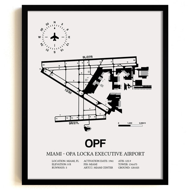 Framed Detailed Airport Map of Miami-Opa Locka Executive Airport (OPF) in White with a Black Frame
