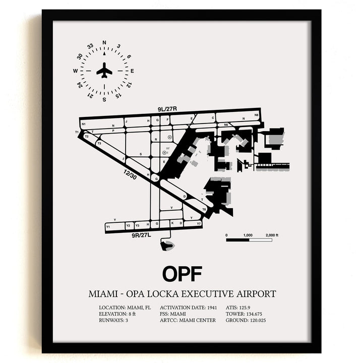 Framed Detailed Airport Map of Miami-Opa Locka Executive Airport (OPF) in White with a Black Frame