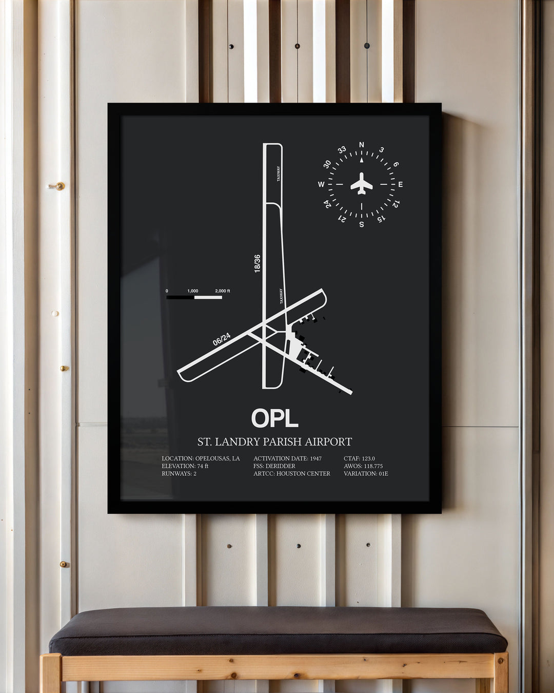 Framed Detailed Airport Map of St. Landry Parish Airport (OPL) in Gray with a Black Frame
