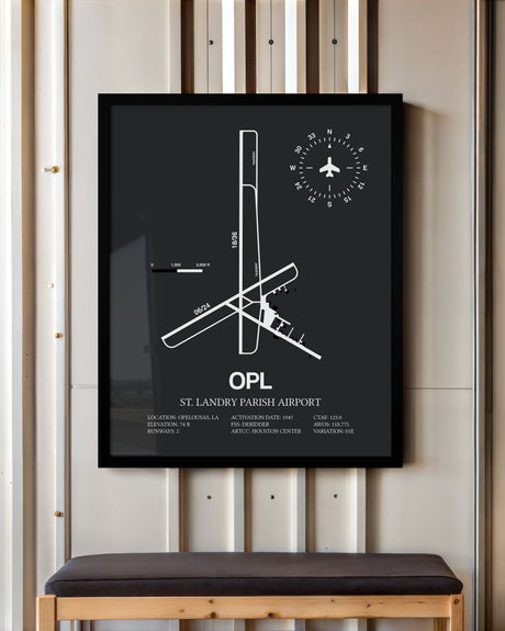 Framed Detailed Airport Map of St. Landry Parish Airport (OPL) in Gray with a Black Frame