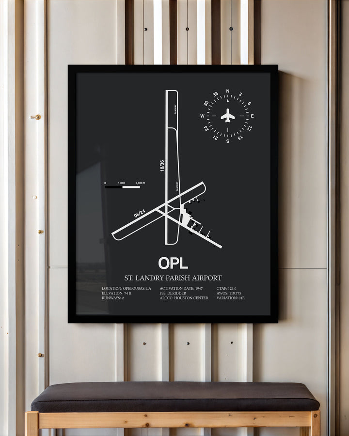 Framed Detailed Airport Map of St. Landry Parish Airport (OPL) in Gray with a Black Frame