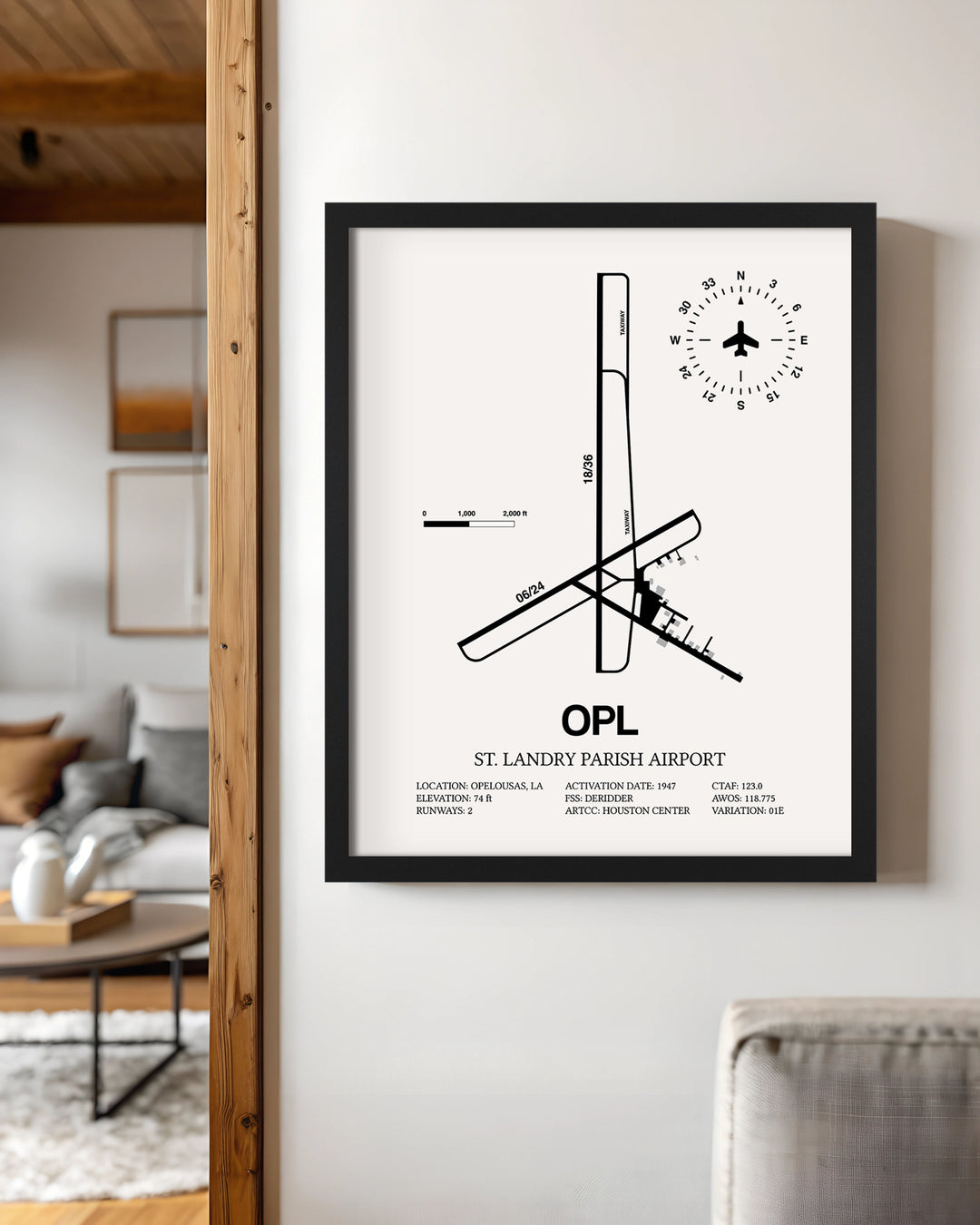 Framed Detailed Airport Map of St. Landry Parish Airport (OPL) in White with a Black Frame
