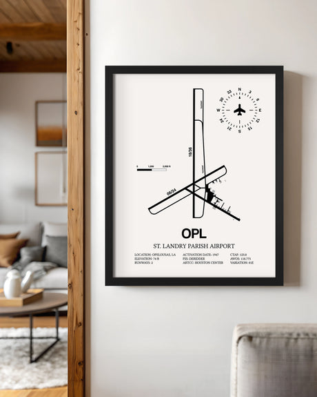 Framed Detailed Airport Map of St. Landry Parish Airport (OPL) in White with a Black Frame