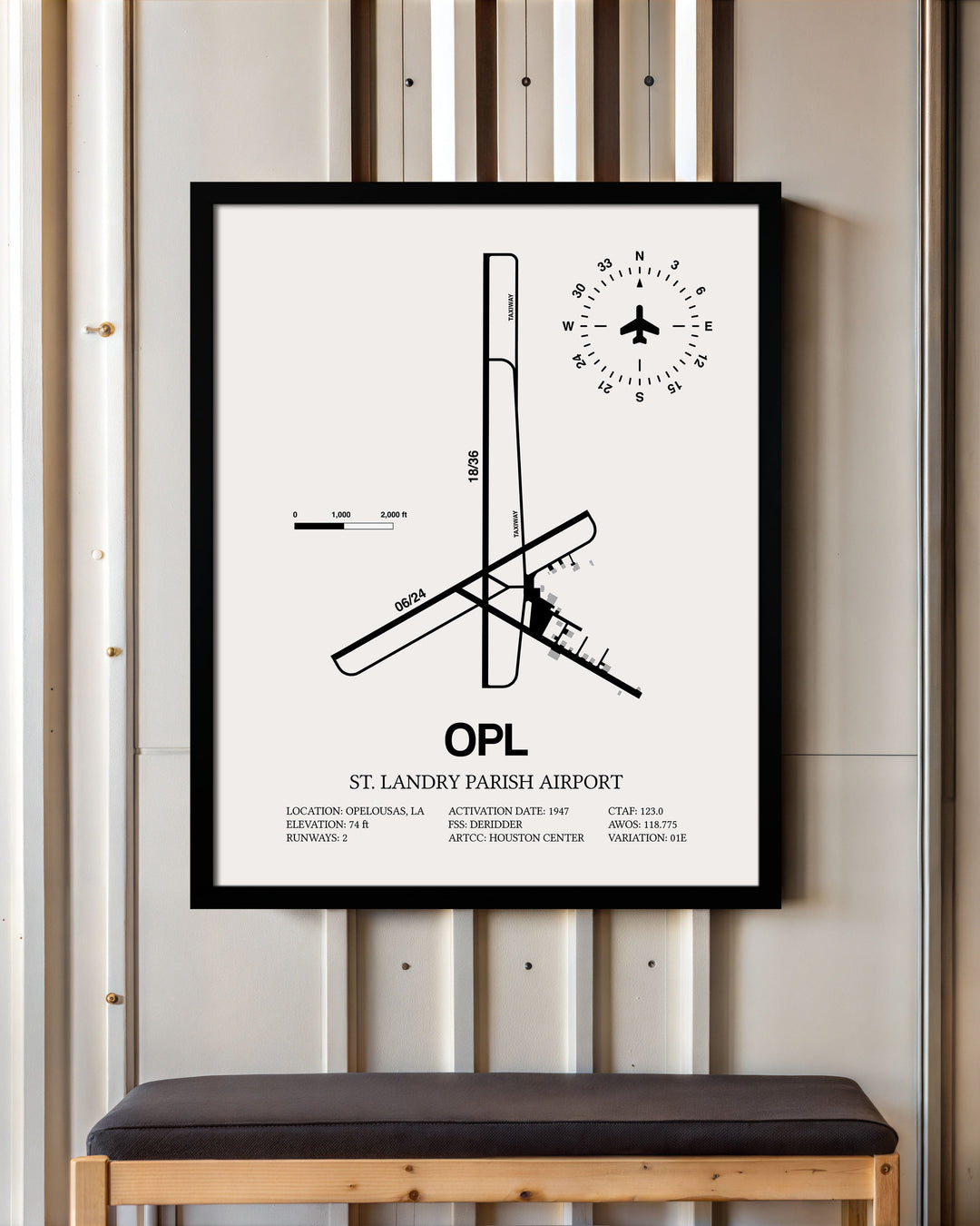 Framed Detailed Airport Map of St. Landry Parish Airport (OPL) in White with a Black Frame
