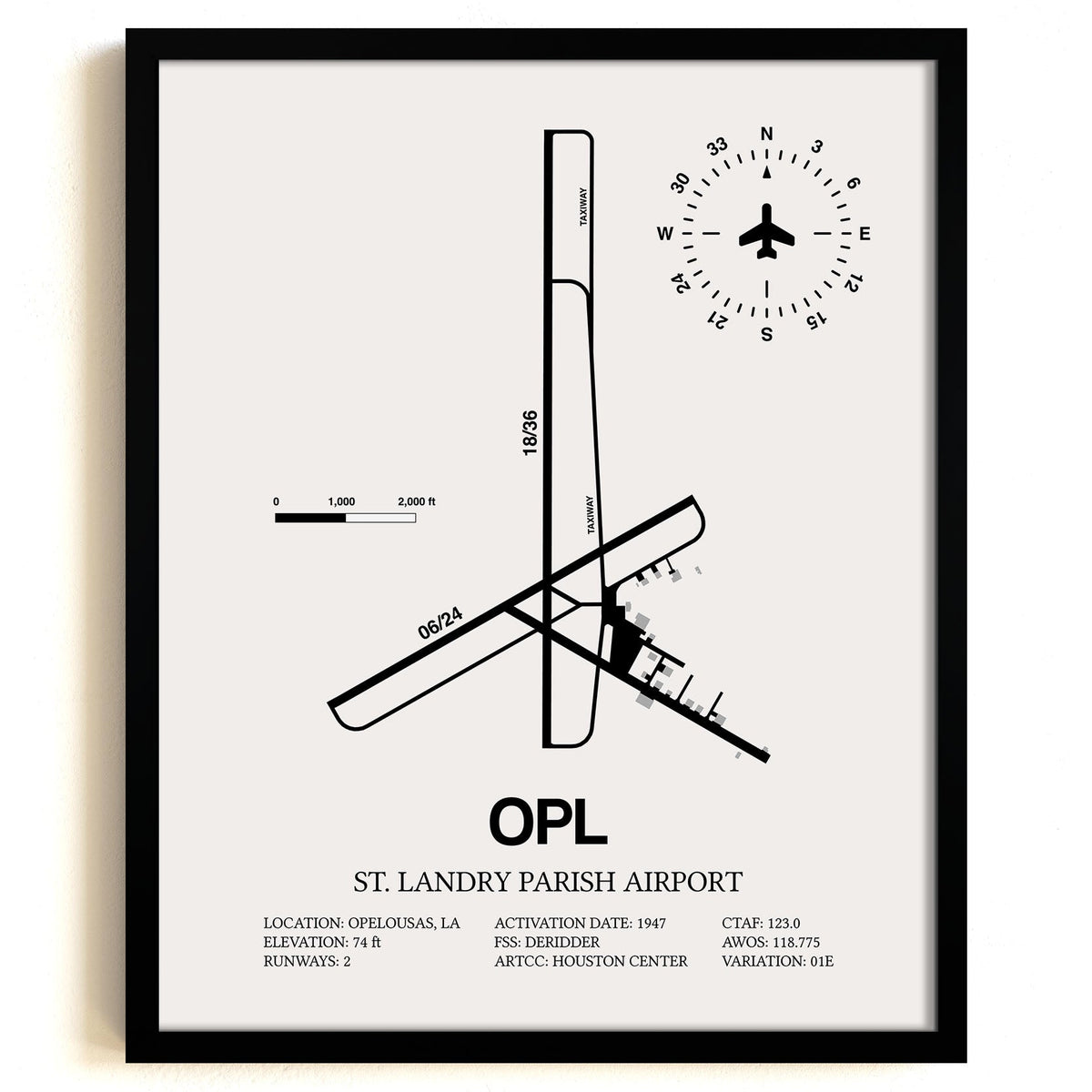 Framed Detailed Airport Map of St. Landry Parish Airport (OPL) in White with a Black Frame