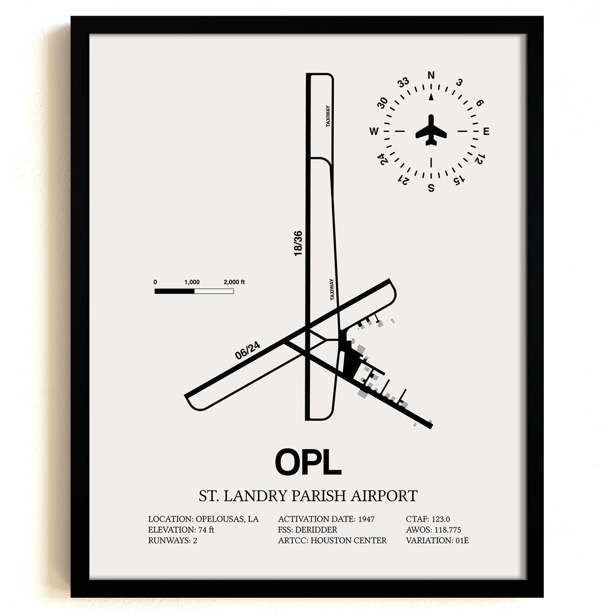 Framed Detailed Airport Map of St. Landry Parish Airport (OPL) in White with a Black Frame