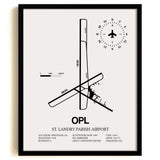 Framed Detailed Airport Map of St. Landry Parish Airport (OPL) in White with a Black Frame