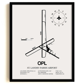 Framed Detailed Airport Map of St. Landry Parish Airport (OPL) in White with a Black Frame