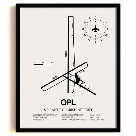 Framed Detailed Airport Map of St. Landry Parish Airport (OPL) in White with a Black Frame
