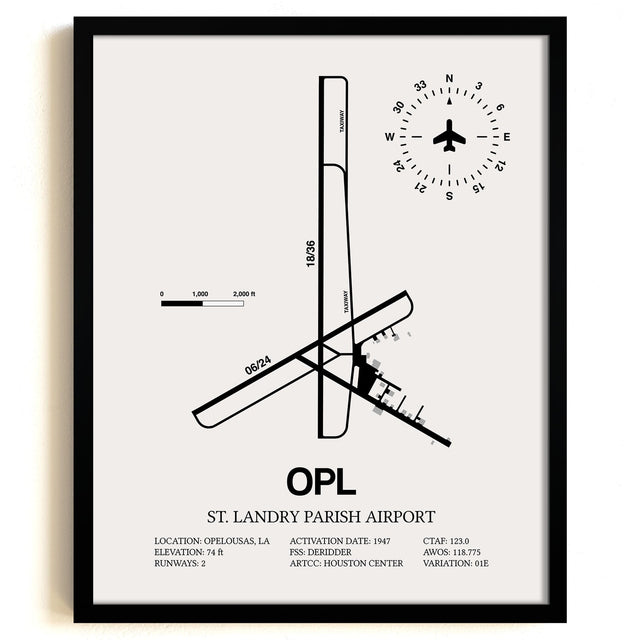 Framed Detailed Airport Map of St. Landry Parish Airport (OPL) in White with a Black Frame