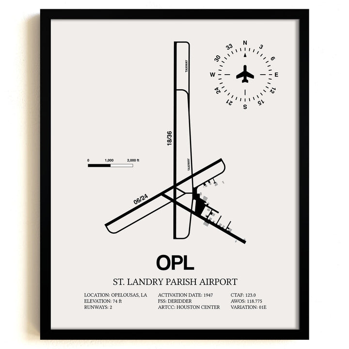 Framed Detailed Airport Map of St. Landry Parish Airport (OPL) in White with a Black Frame