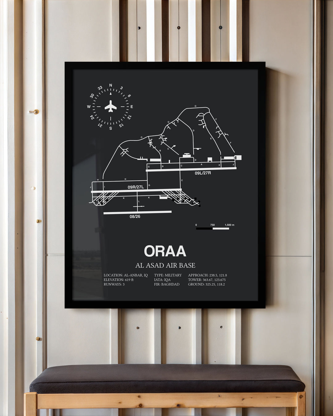 Framed Detailed Airport Map of Al Asad Air Base (ORAA) in Gray with a Black Frame