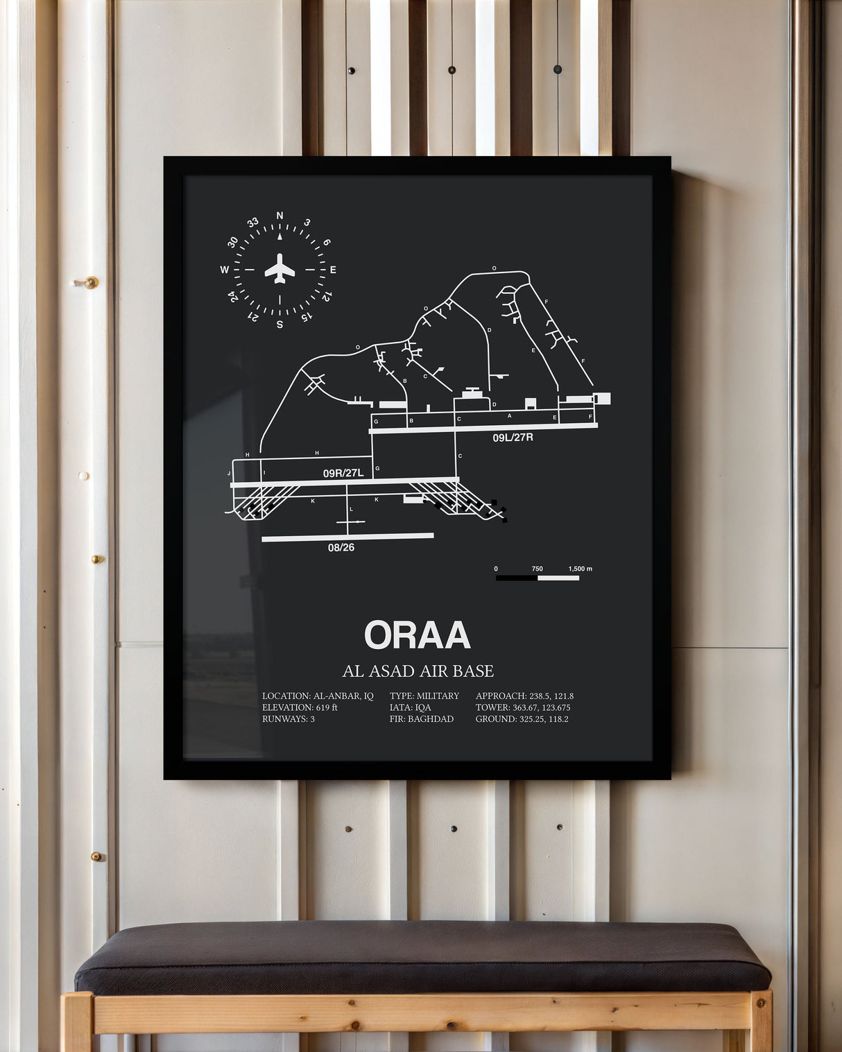 Framed Detailed Airport Map of Al Asad Air Base (ORAA) in Gray with a Black Frame