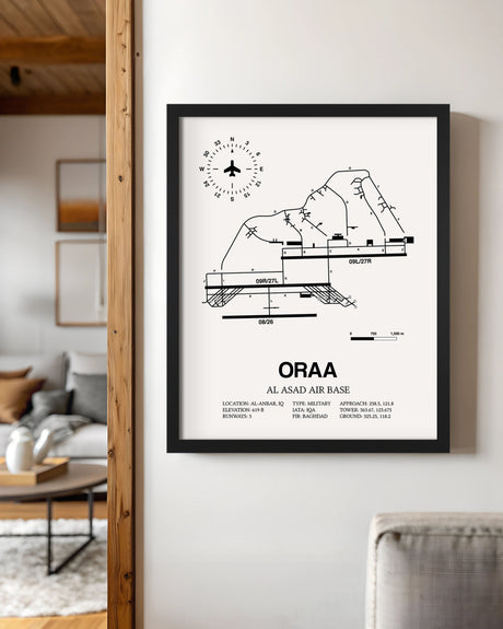 Framed Detailed Airport Map of Al Asad Air Base (ORAA) in White with a Black Frame