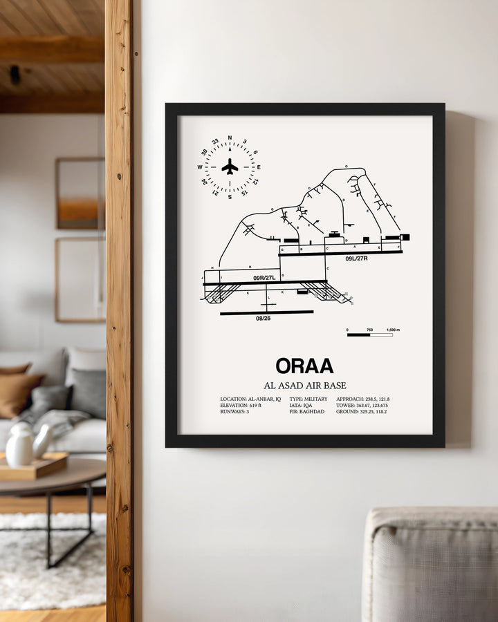 Framed Detailed Airport Map of Al Asad Air Base (ORAA) in White with a Black Frame