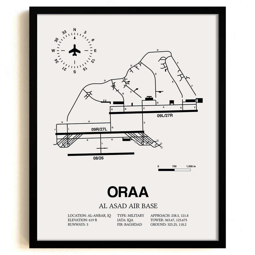 Framed Detailed Airport Map of Al Asad Air Base (ORAA) in White with a Black Frame