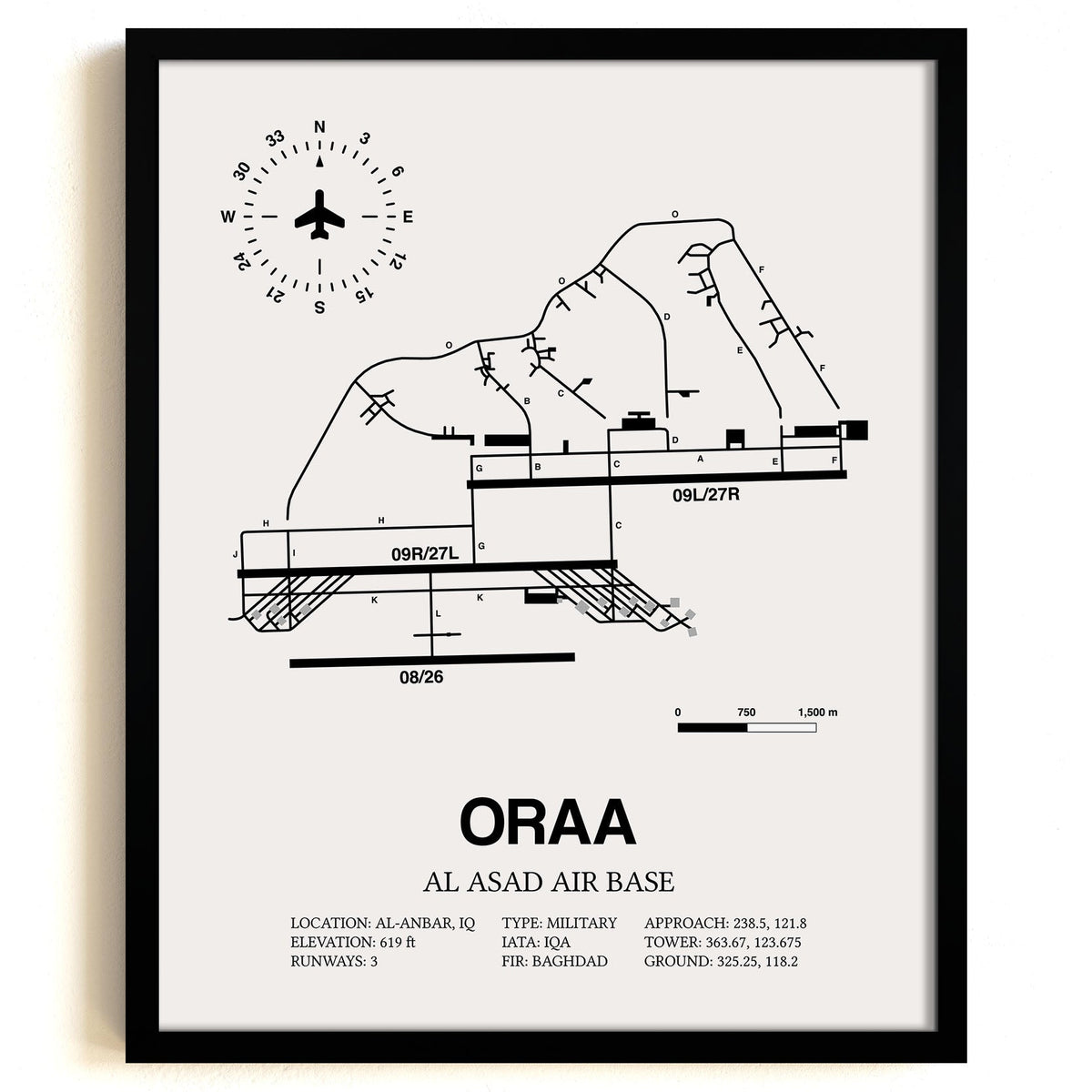 Framed Detailed Airport Map of Al Asad Air Base (ORAA) in White with a Black Frame
