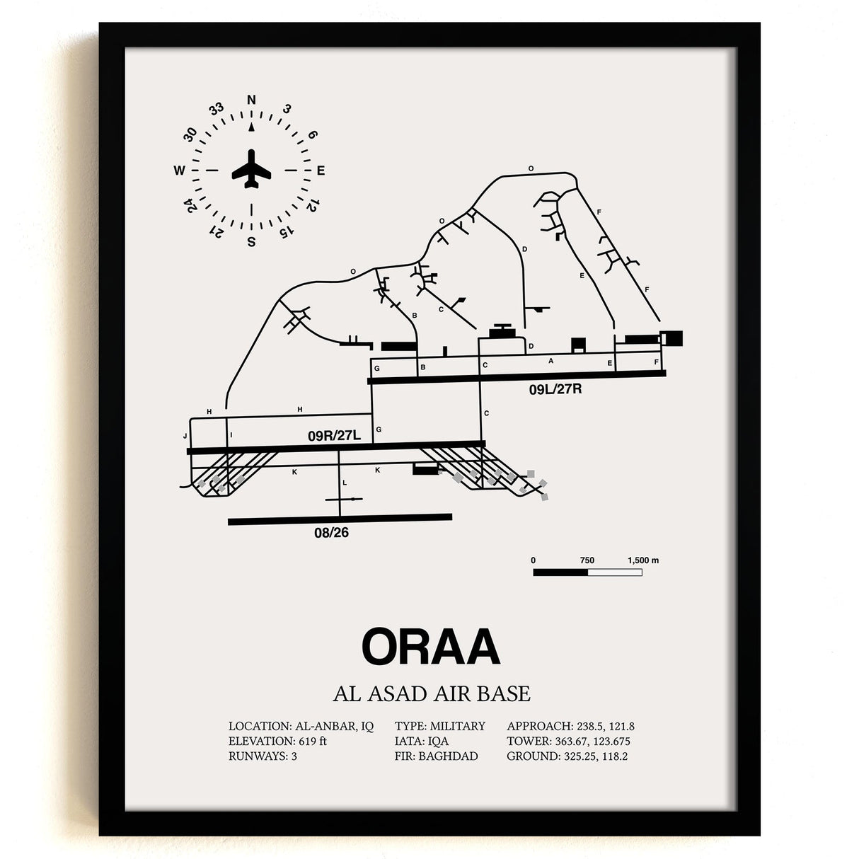 Framed Detailed Airport Map of Al Asad Air Base (ORAA) in White with a Black Frame